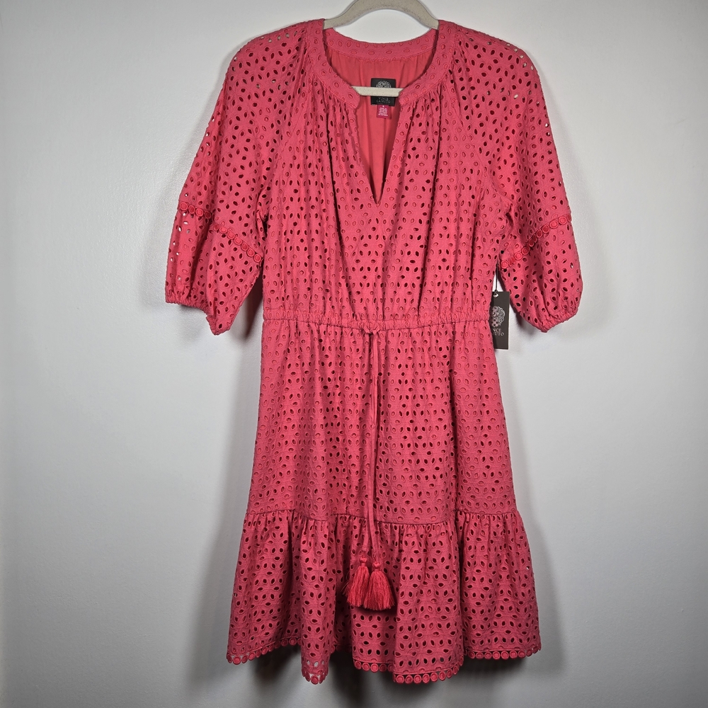 NEW Vince Camuto Pink Eyelet Fit & Flare Cotton Tassle Waist Midi Dress Size 6